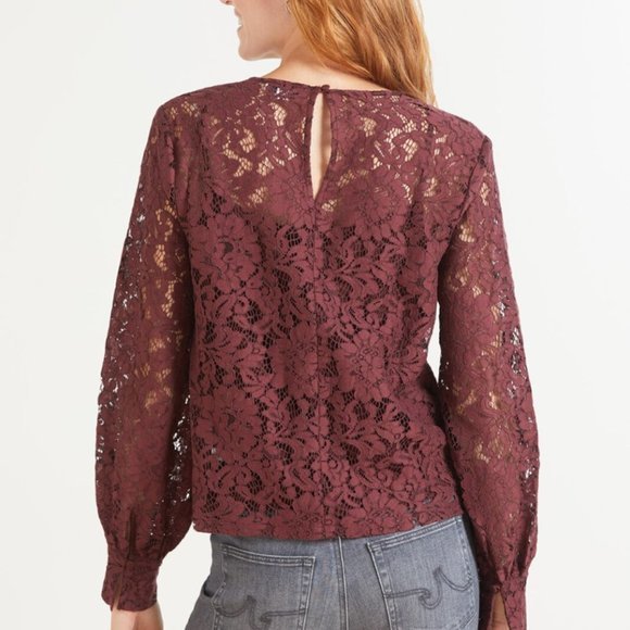 Women's NWT Evereve Allison Joy Burgundy Aviva Volume Sleeve‎ Lace Top - Picture 3 of 7